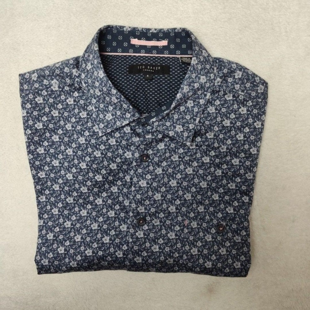 Ted Baker‎ Shirt Mens M Blue Floral Button-Up Slim Cotton Spandex Lithuania